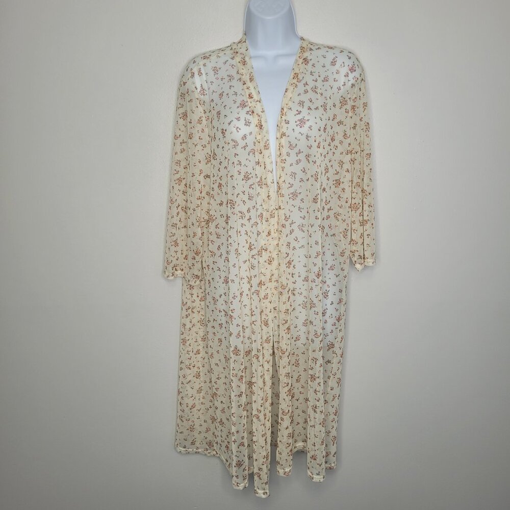 Double Take cream pink ditsy floral semi sheer open front cardigan cover up 1x